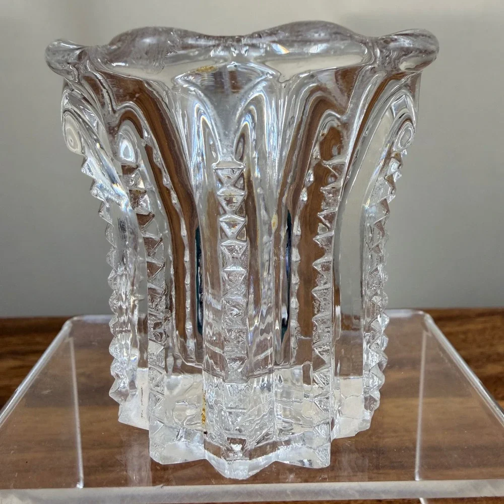 Antique ABP Cut Glass Toothpick Holder Zipper Pattern Scalloped Starburst Base